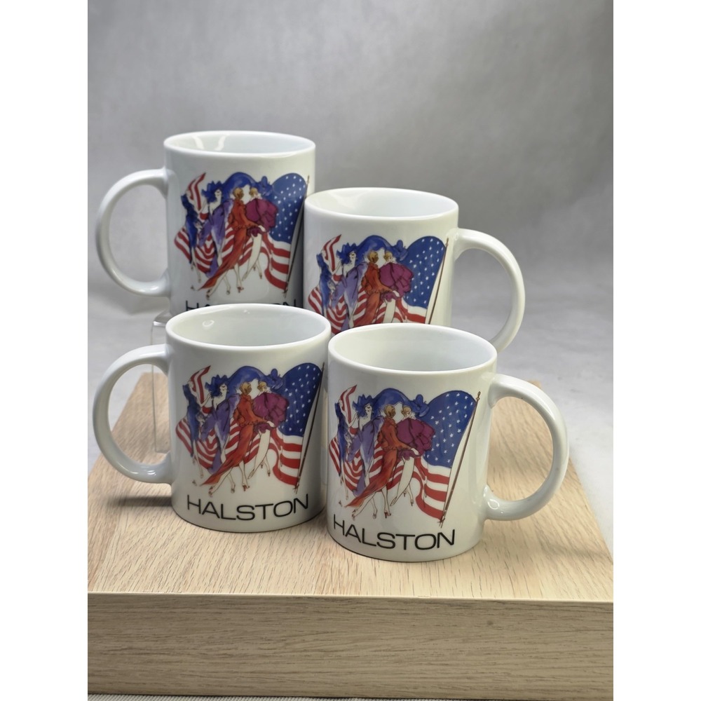 Vtg  1990's Halston American Flag High  Fashion Model Coffee Mugs (4) Collectabl